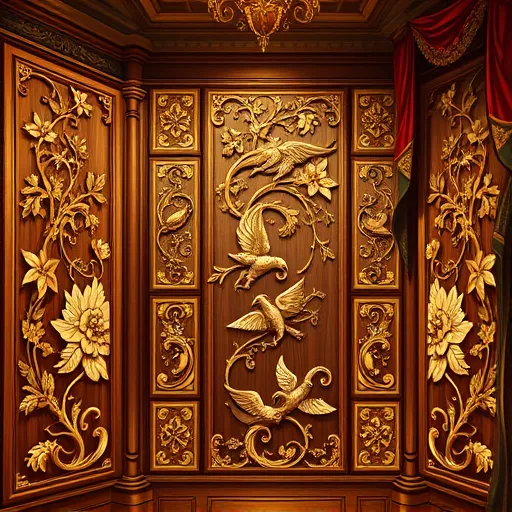 An intricately detailed Renaissance-style illustration featuring ornate decorative panels embedded in a luxurious interior. The panels are carved with whimsical motifs, including elaborate vines, mythical creatures like griffins and phoenixes, and delicate floral patterns, showcasing exceptional artisanal craftsmanship. Hidden among the foliage are playful details such as tiny dancing nymphs, swirling ribbons, and symbolic elements encouraging close inspection. The panels are set within a polished wooden cabinet illuminated by warm, golden light, highlighting the richness of Renaissance art. Background elements include deep jewel-toned tapestries and velvet draperies, adding opulence and depth. The scene exudes refined elegance with a quirky charm, blending classical artistry with personality. A warm color palette of golds, reds, emerald greens, and browns enhances the timeless richness. The artwork features meticulous line work and a soft glow reminiscent of illuminated manuscripts and frescoes from the Renaissance era, combining traditional craftsmanship with lively, enchanting character.