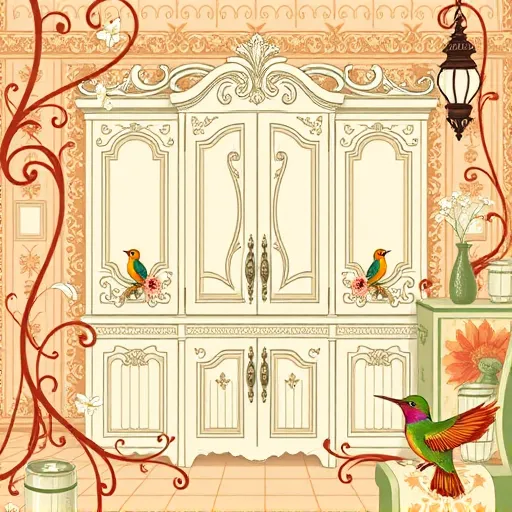 An ArtNouveau-inspired illustration showcasing the top-rated cabinet painting service in Vega, Texas. The image features elegantly flowing cabinet showcases adorned with intricate floral motifs and organic curves typical of ArtNouveau style. Surrounding the cabinets are stylized, curling vines and symmetrical leaves forming a seamless border, harmonizing with the central scene. The color palette includes warm earth tones such as terracotta, sage green, creamy white, and muted gold, conveying craftsmanship and timeless quality. whimsical details include paintbrushes transforming into blossoming flowers and tiny hummingbirds perched on ornate cabinet handles, adding playful charm. The background depicts a vintage-inspired workshop with decorative borders and classic lamp fixtures, emphasizing craftsmanship. The overall mood is calm, elegant, yet quirky, highlighting artistry and quality in home cabinet renovation.