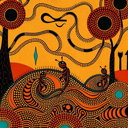 An Aboriginal Art-inspired scene illustrating cabinet spacers for precise installation alignment. The image features interconnected organic shapes and layered geometric motifs rendered in bold earthy hues like terracotta, deep ochre, turquoise, soft browns, and creams. Small, uniquely patterned totems or sacred symbols represent spacers, embedded within a landscape of rhythmic lines and dots that evoke balance and meticulous craftsmanship. Playful abstract creatures, such as stylized insects or lizards decorated with intricate dot patterns, perch atop the spacers, emphasizing attention to detail. A swirling background suggests wind or celestial movement, symbolizing flow and alignment in installation. The stylized interior workshop showcases layered bark-like patterns and subtle schematic elements of cabinetry and tools through geometric motifs, blending organic and geometric design to highlight harmony between technique and art in traditional Aboriginal style.