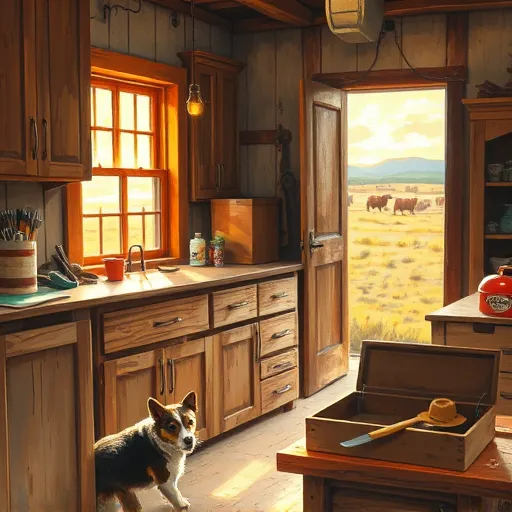 An impressionist scene of Hereford, Texas, showcasing local cabinet repair artisans working in a cozy workshop illuminated by warm golden sunlight streaming through rustic windows. The image features beautifully crafted wooden cabinets in various stages of repair, highlighting intricate grain patterns and charming knots that add character. A vintage chisel rests on a workbench amid colorful sawdust swirling in the air, creating a lively, playful atmosphere. A small border collie with a wagging tail stands near a toolbox decorated with a cheerful cowboy hat, adding a whimsical, animal presence. In the background, an open door reveals a rustic barnyard scene with silhouettes of cattle and rolling plains under a soft pastel sunset sky, emphasizing the region's rural warmth. The color palette includes earthy browns, warm ochres, gentle blues, accented with vibrant reds and turquoise reflective of Texas's lively spirit. Impressionist brushstrokes convey movement and craftsmanship, creating a calm yet vibrant mood that celebrates Hereford’s local artisanship and rural heritage.