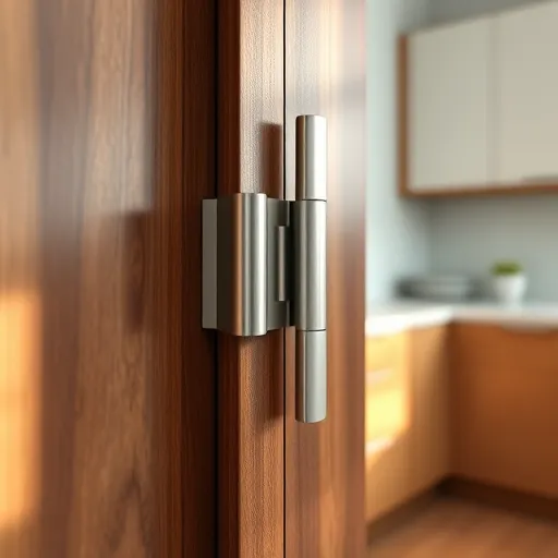 Close-up of modern soft-close cabinet hinges installed on a polished walnut wooden kitchen cabinet door. The hinges are highly detailed and photorealistic, showcasing their smooth hydraulic mechanisms and brushed metal texture, which convey durability and sophistication. subtle reflections and shadows highlight the high-quality craftsmanship. In the softly blurred background, a minimalist kitchen with clean lines, natural light, and ambient lighting creates a calm, professional, and inviting atmosphere. A playful detail features a tiny, cartoonish smiling face etched into one hinge, adding charm and a sense of personality. The warm neutral color palette with metallic accents emphasizes the elegance and functional beauty of the hardware, making it ideal for homeowners and furniture hardware enthusiasts interested in innovative kitchen fittings.