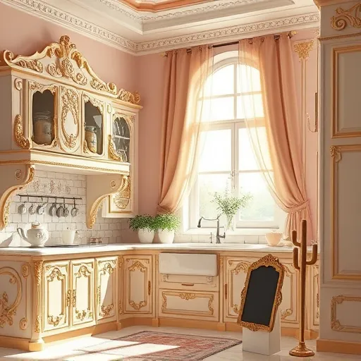 A whimsical Rococo-inspired kitchen scene in Claude, Texas, featuring ornate, gilded cabinetry with intricate scrollwork, floral motifs, and delicate carvings in soft pastel shades of blush pink, ivory, and gold accents. The spacious, airy kitchen is illuminated by large arched windows draped with luxurious curtains, allowing warm sunlight to enhance the refined yet playful atmosphere. Oversized vintage kitchen utensils, such as a giant spatula and exaggerated rolling pin, are artistically intertwined with decorative Rococo scroll patterns on moldings. The countertops display vintage-style jars with whimsical labels, a small chalkboard hinting at regional charm, delicate lace-patterned teacups, tiny potted herbs, and a playful abstract sculpture resembling a stylized golden cactus. The scene exudes a blend of timeless elegance and cheerful personality, emphasizing craftsmanship, regional flavor, and the artistic allure of kitchen cabinet suppliers in Claude, Texas, all rendered in luxurious Rococo design.