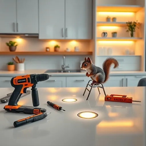 A highly detailed, realistic image of a modern kitchen focused on installing puck lights beneath sleek, glossy cabinetry. The scene features a clean countertop with neatly arranged tools, including screwdrivers, a drill, a level, and a small step ladder, all rendered with authentic textures and reflective surfaces. Soft, warm light glows from the newly installed puck lights beneath the cabinets, casting gentle illumination on the smooth surfaces and revealing emerging wires. In the background, open shelves display potted herbs, stylish jars, and minimalistic decor, creating an inviting and functional kitchen space. A playful detail shows a cute cartoon squirrel wearing safety goggles and holding a tiny screwdriver on the counter edge, adding whimsy to the professional scene. The color palette features warm neutrals, subtle metallic accents, and the yellow glow of the puck lights, emphasizing a cozy, welcoming atmosphere. The hyper-realistic textures highlight polished surfaces, wood grain, and translucent light fixtures, capturing a scene that demonstrates DIY home improvement with confidence and charm.