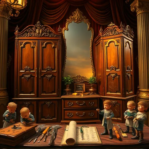A detailed Baroque-style scene depicting vintage cabinet restoration, featuring ornate wooden cabinets with intricate carvings and gilded accents illuminated by warm, golden light. Surrounding the cabinets are antique tools such as chisels, brushes, and magnifying glasses arranged as a still-life tableau, emphasizing craftsmanship and meticulous care. Playful elves with tiny aprons and paintbrushes subtly enhance the scene, adding a whimsical touch. The opulent workshop background includes heavy velvet drapes, baroque columns, and ornate mirrors reflecting parts of the scene, conveying historic grandeur. Gold leaf flourishes frame the composition, highlighting the luxurious, restored ambiance. Rich color tones of deep mahogany, warm amber, emerald green, gilded gold, and creamy neutrals create a calm, sophisticated mood. The scene employs dramatic light and shadow to emphasize textures like aged wood, shimmering gold details, and fragile glass, celebrating the timeless art of vintage furniture restoration.