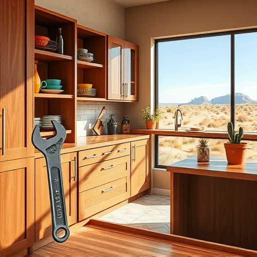 Realistic scene of affordable kitchen cabinetry installation in Borger, Texas, showcasing a sunlit modern kitchen with rustic yet sleek wooden cabinets. The partially open cabinets reveal organized shelves filled with colorful dishware and casual storage baskets, emphasizing practicality and clever use of space. A cheerful, slightly exaggerated wrench wearing a tiny cowboy hat leans against a sturdy wooden countertop, adding whimsical charm. Texas-themed decor elements, including a vintage metal lizard sculpture and a small cactus in a decorative pot, stand out against textured warm-toned walls and patterned tile flooring, creating a cozy, inviting atmosphere. Large windows let soft daylight flood in, casting natural shadows and highlighting details like wood grain and metallic accents. Outside, the desert landscape features wide blue skies, distant mesas, and the iconic Texas horizon, reinforcing the local setting. The color palette includes earthy browns, warm beiges, turquoise, and burnt orange accents, evoking an approachable and upbeat mood. Playful, tiny carpenter tools with friendly faces add a humorous touch, making the scene lively, memorable, and perfect for SEO.