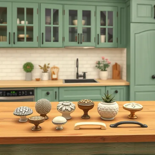 An artistic illustration of modern kitchen cabinet hardware displayed on a rustic wooden countertop, featuring a variety of intricately designed knobs, pulls, and handles. The hardware showcases handcrafted motifs such as stylized floral patterns, geometric shapes, and natural textures, emphasizing artisanal craftsmanship. The color palette includes muted greens, soft ochres, deep browns, and gentle creams, creating a warm and inviting atmosphere. In the background, there is a cozy kitchen scene with detailed cabinetry, possibly with leaded glass doors or exposed wood grain, blending traditional and modern design elements. Decorative touches like miniature plant pots, vintage tea towels, and floral motifs add personality, highlighting a harmonious mix of functionality and artistry. The overall scene exudes warmth, nostalgia, and sophistication, celebrating high-quality cabinet hardware as a key element of refined kitchen decor in an illustrative, Arts and Crafts-inspired style.