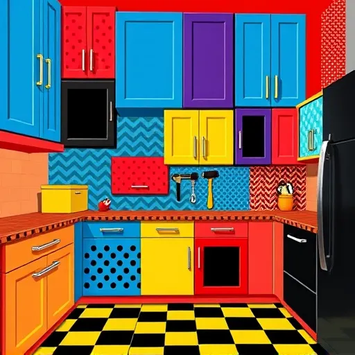 A vibrant PopArt-inspired montage celebrating semi-custom cabinets, featuring stylized cabinet doors and drawers with bold geometric patterns, zigzags, polka dots, and contrasting color blocks in energetic shades of electric blue, fiery red, sunny yellow, and jet black. Floating cabinet fronts with playful overlaps showcase quirky handles resembling cartoon eyes and smiling mouths, adding humorous personality. Whimsical illustrated tools such as a cartoon hammer, wrench, and paintbrush interact with the cabinets, enhancing a lively, fun atmosphere. The retro kitchen background includes exaggerated countertops and a checkered tiled floor in vivid hues that complement the cabinets, creating a dynamic environment. Subtle layered patterns hint at customization and versatility through interchangeable panels. The overall scene exudes an upbeat, energetic, and playful mood, emphasizing creative mastery in interior design. The bold, flat, high-contrast PopArt style with exaggerated outlines and pop-culture flair makes the image eye-catching and full of personality, perfectly capturing the essence of semi-custom cabinetry.