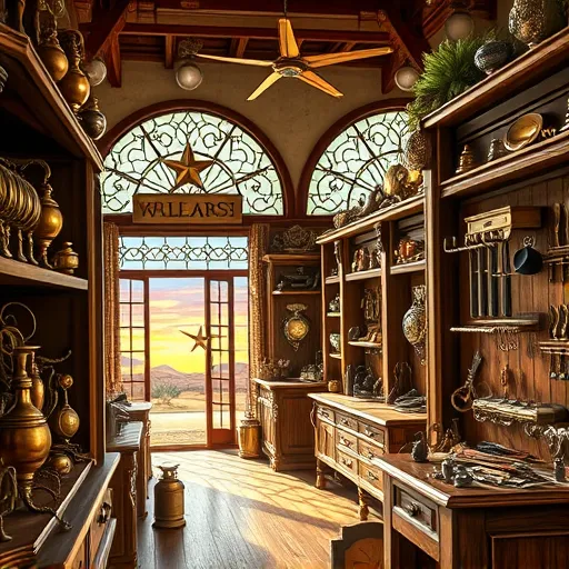 A vibrant High Renaissance-style interior scene of a cabinet hardware store in Canyon, Texas, showcasing intricately carved wooden shelves and display cases filled with gleaming knobs, handles, hinges, and vintage tools. The store features warm, rich colors and detailed craftsmanship, with playful whimsical elements such as a tiny mechanical bird atop a brass handle and anthropomorphized drawer pulls with expressive faces among the tools. In the background, Texas-inspired decor includes a star-shaped sign hanging from the ceiling, a rustic wooden workbench with vintage tools, and a large arched stained-glass window revealing a desert landscape. Soft sunlight filters through the stained glass, enhancing the textures of wood and metal. The scene conveys a warm, nostalgic ambiance celebrating craftsmanship, local character, and artisanal detail, blending tradition, personality, and charm in a lively, inviting atmosphere.