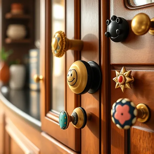 A hyperrealistic close-up of an elegant vintage-inspired kitchen cabinet displaying an array of intricately designed knobs and pulls. The hardware features polished brass, matte black iron, and colorful ceramic materials with playful patterns. Some knobs resemble whimsical creatures such as smiling frogs, tiny stars, and abstract faces, adding quirky charm, while others are sleek and modern, creating a dynamic contrast. Tiny reflections highlight their textures and craftsmanship, capturing minute details from textured ceramics to smooth metal finishes and tiny imperfections. Behind the cabinets, a softly blurred background suggests a cozy, well-organized kitchen illuminated by natural sunlight filtering through open windows, casting warm, inviting tones. Additional elements include a small vintage knitting needle resting beside one knob and a glossy, color-splashed ceramic tile enhancing the scene's personality. The color palette features warm gold accents, deep charcoal, vibrant teals, and cheerful corals, evoking a welcoming and lively atmosphere. The overall scene emphasizes the artistry and personality of cabinet hardware, combining beauty and craftsmanship with playful, eye-catching details suited for inspiring DIY home décor and kitchen styling.