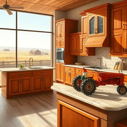 A vibrant, detailed interior view of a kitchen cabinet showroom in Claude, Texas, rendered in a SocialRealism style with warm earth tones, rustic reds, and soft beiges. The scene features an array of carefully arranged cabinets, including classic farmhouse styles with distressed wood veneers and sleek modern designs with glossy finishes, highlighting regional craftsmanship. The spacious, open layout includes wide countertops and display islands, some adorned with quirky details such as a vintage clock embedded in a cabinet door and a small potted cactus, adding Texan charm. Large windows in the background offer views of the Texas plains with distant barn silhouettes and rolling hills, allowing sunlight to stream in and illuminate the textures of wood and stone materials. Whimsical elements include a cheerful porcelain gnome wearing a miniature cowboy hat perched on a cabinet corner and a classic red tractor used as a display stand, blending rural life with modern design. The overall atmosphere is calm yet lively, emphasizing pride in small-town Texas craftsmanship while inviting viewers into a welcoming, functional space. The realistic style captures every detail from wood grain to hardware, offering an authentic, charming scene with playful touches suitable for a blog about kitchen designs in Texas.