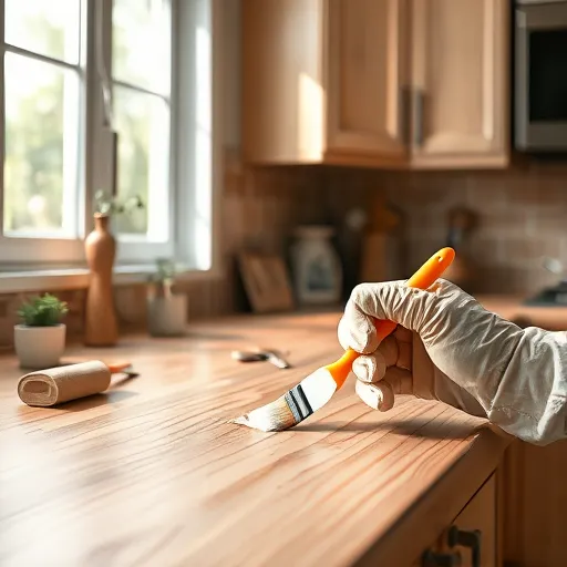 Close-up of a weathered kitchen cabinet with peeling laminate edges, revealing underlying wood texture, in a hyper-realistic style. A gloved hand with a small paintbrush or scraper is gently repairing the edge, surrounded by repair tools including a warm-orange glue bottle, a tiny roller, a sanding sponge, and matching laminate for reapplication. The background shows a tidy, well-lit kitchen with natural daylight streaming through a window, casting soft shadows and creating a calm, inviting atmosphere. A small potted plant or fresh herbs add organic detail, while quirky cartoon-style repair icons like tiny wrenches and cheeky paint rollers add a playful touch. Warm earth tones—beiges, soft browns, terracotta, and muted greens—enhance the friendly, DIY-focused scene, emphasizing craftsmanship and practical repair of laminate cabinets.