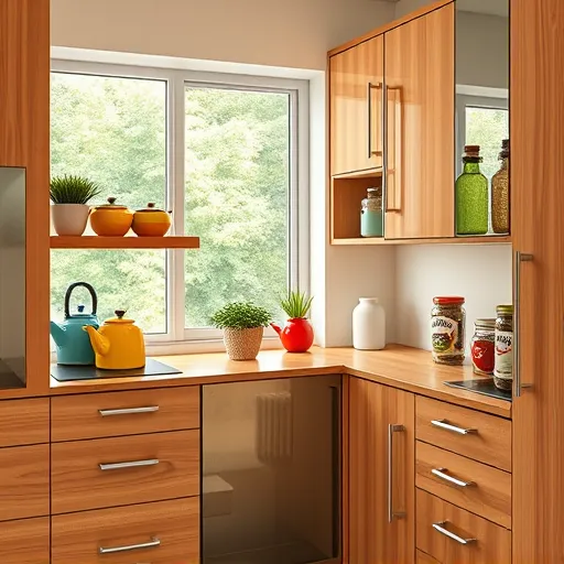 A realistic, cozy corner kitchen featuring sleek, modern wooden cabinets with warm finish and subtle grain details, arranged in an L-shape. Open shelving displays colorful vintage teapots and quirky ceramic jars with playful patterns, adding personality. The countertop holds a small rustic potted herb garden with lush greenery, complementing the warm wood tones. A softly lit window reveals a lush garden outside, casting gentle natural light that enhances textures and creates an inviting atmosphere. An oversized whimsical spice jar with a fun label is positioned slightly askew, injecting a playful touch into the streamlined design. The color palette includes warm browns, soft creams, and vibrant reds, greens, and blues, creating a balanced, lively, and soothing visual. Gentle natural lighting highlights shiny surfaces for realism and depth, with no human figures present, emphasizing charming cabinet details and accessories that evoke comfort and a welcoming culinary space ideal for food or lifestyle content.