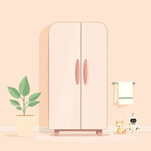 A minimalist illustration of a modern kitchen featuring childproof cabinet locks. The scene showcases a pastel-colored background with soft blush pink, mint green, and beige tones, creating a calm and inviting atmosphere. A charming cabinet with rounded edges displays several sleek, unobtrusive locks, some with playful, cartoonish designs such as a tiny smiling robot with blinking LED eyes, adding a whimsical touch. Surrounding the cabinet are simple decorative elements like a potted plant, a cozy tea towel, and minimalistic baby toys peeking behind the cabinet, emphasizing a child-friendly environment. The illustration highlights the clean lines, balanced composition, and modern charm of the safety locks, conveying a sense of secure yet stylish childproofing for a contemporary home.