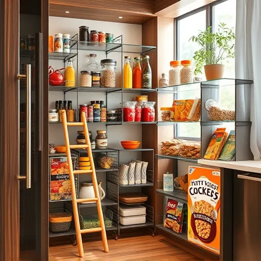 A hyperrealistic image of a modern, meticulously organized pantry featuring sleek cabinet organizers. The dark-stained wooden cabinets contain transparent acrylic and vibrant wire baskets filled with colorful canned goods, glass jars of grains, neatly arranged spices, and labeled containers of dry pasta and snacks. Sunlight softly filters through a nearby window, casting gentle highlights that emphasize the clarity and cleanliness of the space. Quirky details include a small whimsical ladder leaning against a shelf to reach high items and an overstuffed cereal box with an oversized spoon peeking out. The background shows a cozy, well-lit kitchen with potted herbs on the windowsill, adding freshness. The warm color palette includes natural wood tones with bright reds, yellows, and blues from pantry contents, contrasting against clear organizers and muted metallic accents. Textures of food packaging, shiny container surfaces, and soft reflections on glass highlight the hyperrealistic, clean, organized, and inviting atmosphere of this stylish pantry, ideal for inspiring efficient kitchen storage solutions.