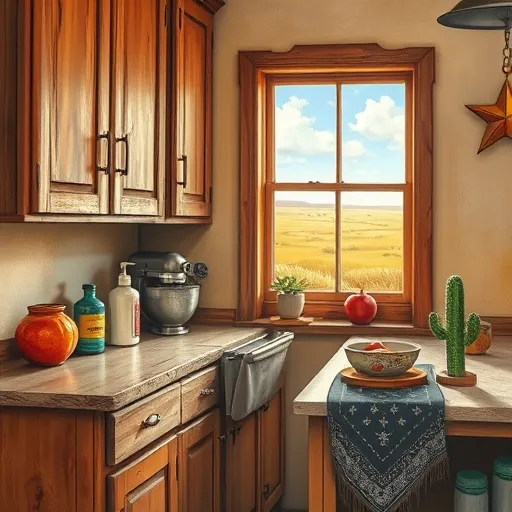 A rustic kitchen scene set in Pampa, Texas, showcasing vintage-inspired cabinet restoration. Weathered wooden cabinets are being carefully repaired with colorful artisan putty filling cracks, highlighting craftsmanship. New shiny handles contrast with aged wood, while the interior glow hints at renewed interiors. Vintage soap bottles, a tin mixing bowl, and a bandana-patterned dishtowel add playful Texan charm. The warm-toned textured wall background includes a window revealing a prairie landscape under a bright, cloud-filled sky, creating a cozy atmosphere. Small whimsical details like a painted lizard and miniature cactus on the counter add personality. Rendered in a ConceptualArt style with bold strokes and textures, the scene features rich browns, yellows, blues, and reds to evoke warmth, authenticity, and the spirit of renewal in Pampa’s local culture, perfect for a kitchen restoration blog with a Texas twist.
