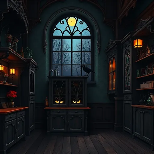 A moody, gothic-inspired illustration of a boutique custom cabinetry shop in Pampa, Texas, set inside an ornate vintage workshop. The scene features towering wooden shelves intricately carved with shimmering dark-stained cabinets that reflect subtle highlights, creating an almost alive appearance. Victorian-style wrought-iron lamps cast warm, dim glows, producing deep shadows and a mysterious ambiance. In the foreground, a whimsical, animated cabinet with expressive glowing eyes adds charm and personality to the scene. Decorative details include ornate scrollwork, gothic arches framing the workspace, and a tiny crow perched atop a cabinet, enhancing the enchanting atmosphere. A moonlit window with stained-glass patterns casts colorful, muted reflections onto the dark hardwood floor, hinting at the Texas night outside. The color palette comprises deep blacks, rich browns, dark emerald greens, with accents of crimson and violet, evoking a sophisticated gothic boutique vibe that blends craftsmanship with enchantment, making it the ideal place to buy custom cabinets in Pampa.