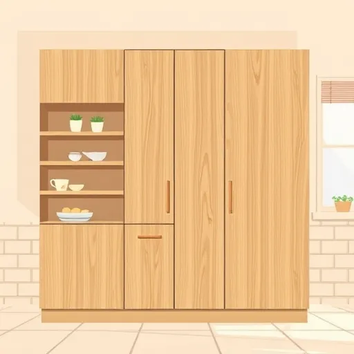 A minimalist illustration of custom wooden kitchen cabinets featuring clean, elegant lines and fine wood grain textures. The cabinets are set against a soft, muted palette of warm taupe, natural wood tones, and subtle cream accents, creating a calm and welcoming atmosphere. Small whimsical details, like stylized potted plants on open shelves or abstract carvings on cabinet doors, add playful charm. The background depicts a cozy kitchen with vintage tile accents and gentle natural lighting from a window, highlighting the warmth of the wood. This artwork balances sophistication and comfort, emphasizing craftsmanship and local warmth in a minimalistic and artistic style, ideal for a blog cover focused on custom woodworking and inviting home design in Vega, Texas.