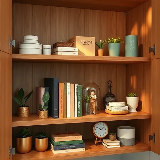 A highly detailed, realistic image of a modern home cabinet interior featuring adjustable wooden shelves with metal supporting brackets. The shelves are neatly organized with containers, books, potted plants, and decorative boxes, showcasing both functionality and aesthetic appeal. Visible peg holes indicate customizable shelf heights, with some slots left empty. The background depicts a softly lit, contemporary kitchen or study nook with warm natural light streaming through windows, creating gentle shadows and depth. Playful details include miniature plants with whimsical leaf patterns, a vintage clock nestled among items, and a quirky ceramic figure peeking from behind a book, adding personality. The scene uses warm earth tones accented with soft teal, muted gold, and fresh green, emphasizing a cozy, inviting atmosphere. Texture details highlight wood grain, metal brackets, and varied container surfaces, conveying a tangible, relatable space perfect for home organization and decorative personality.