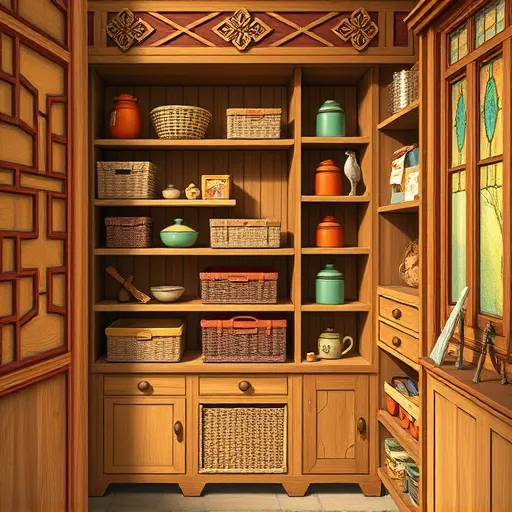 A detailed depiction of an organized closet inspired by the Arts and Crafts Movement, featuring handcrafted wooden cabinetry with intricate carved geometric patterns and decorative inlays. The closet showcases shelves filled with colorful, artisan-crafted storage solutions, including woven baskets, ceramic jars, and turned wooden knobs, each adorned with subtle floral and leaf motifs. Warm, earthy tones such as rich browns, muted greens, and soft terracotta dominate the scene, creating a cozy, inviting atmosphere. Decorative touches like a brass key on a latch, a ceramic bird perched on a shelf, and a hand-painted tag on a basket add personality and charm. The background suggests a vintage-inspired workshop with stained-glass windows, copper hardware, and traditional tools, emphasizing craftsmanship and natural beauty. Rendered in a textured, painterly style, this scene highlights the elegance of functional storage solutions infused with artisanal artistry.