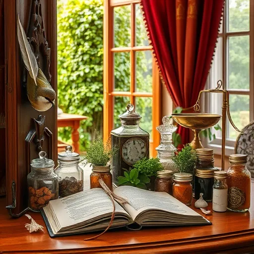 A vibrant still life scene depicting an open wooden cabinet filled with jars of herbs and spices, vintage glass bottles, brass scales, and ceramic containers, arranged on a polished wooden surface. An ornate, carved wooden door is slightly ajar, revealing the curated abundance inside. A colorful, detailed bird perches on a spice jar, adding a whimsical touch, while a feather quill rests atop an open recipe book, suggesting culinary artistry. Soft Renaissance-style lighting highlights rich textures of gleaming metals, wood grains, and translucent glass, creating a warm, inviting atmosphere. In the background, a lush kitchen garden with vine-covered greenery is visible through an open window, bathed in gentle daylight filtering through crimson and gold curtains. The scene exudes a nostalgic and rustic charm with subtle imperfections, employing a warm color palette of ochre, deep crimson, muted greens, and golden highlights, capturing a sense of timeless elegance and the artistry of home cooking in a Renaissance-inspired style.