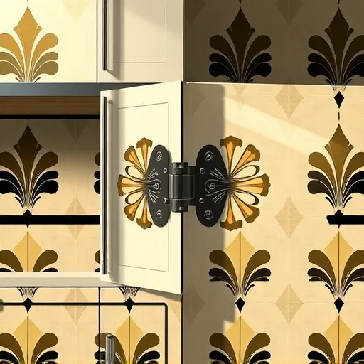 A sophisticated art deco interior scene featuring a modern kitchen with a vintage-style cabinet as the focal point. The cabinet door, partially open, showcases ornate, symmetrical hinges inspired by the art deco era. A delicate hand tool—a vintage-style screwdriver—is positioned for hinge replacement, highlighting craftsmanship and precision. Surrounding elements include chrome accents, bold stylized floral motifs, and angular, gold, black, and cream tiled backsplash tiles that exude elegance. Reflections and shadows on glossy surfaces display rich jewel tones like emerald green, sapphire blue, and bronze, creating a luxurious atmosphere. Decorative accents, such as tiny stars and visual cues, add playful detail to the scene, blending technical work with artistic flair. The design emphasizes symmetry, decorative repetition, and timeless elegance characteristic of art deco style.