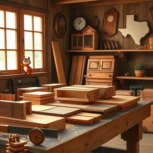 A highly detailed, photorealistic image of a cozy woodworking workshop in Pampa, Texas. In the foreground, a sturdy workbench displays expertly crafted wooden cabinet parts with precise joints and smooth finishes, illuminated by soft natural light through a rustic barn-style window. Vintage woodworking tools such as hand saws, chisels, and a wooden mallet are neatly arranged nearby, emphasizing traditional craftsmanship. Playful carved wooden animals are hidden among wood shavings, adding charm, while a cheerful cartoon squirrel mascot peeks out from behind a cabinet sample, introducing a fun, approachable element. The background showcases a well-used workshop with shelves filled with various wood types, antique plaques, and a framed map of Texas highlighting Pampa. Additional regional touches include a Texas-shaped clock and a small potted cactus on a high shelf. The scene's warm earth tone color palette of browns, oranges, and beiges creates a welcoming, professional ambiance that celebrates craftsmanship, local pride, and creativity—ideal for a blog cover representing custom carpentry services in small-town Texas.