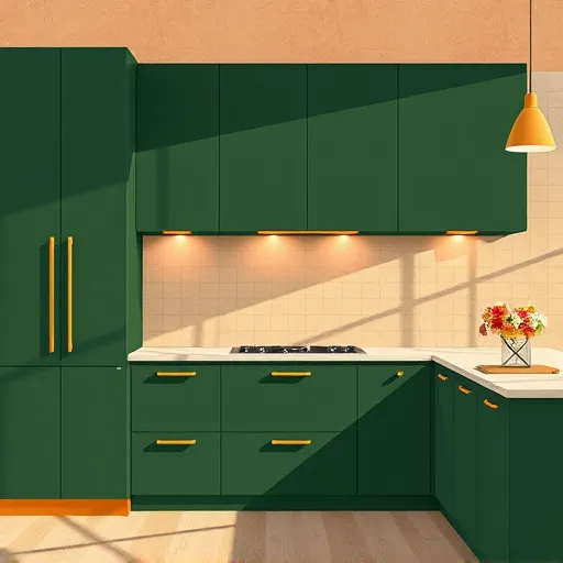 A modern, abstract depiction of high-end kitchen cabinets inspired by Claude, Texas, rendered in vibrant geometric abstraction style. The cabinet fronts feature bold, angular shapes with clean lines and sharp contrasts, conveying sophistication and craftsmanship. The color palette includes warm terracotta and deep forest green, accented with metallic gold highlights that suggest luxury. The background displays subtle textured grid patterns reminiscent of architectural blueprints. Playful details incorporate stylized Texas wildflowers into the cabinet handles, adding regional charm, while geometric patterns evoke Texas’s rolling plains and expansive skies. The scene suggests a contemporary, open-concept kitchen with angular countertops and minimalist statement lighting that cast dynamic shadows, emphasizing elegance and clarity. The overall tone balances calm sophistication with quirky regional personality, celebrating upscale cabinetry with regional character and modern abstraction.