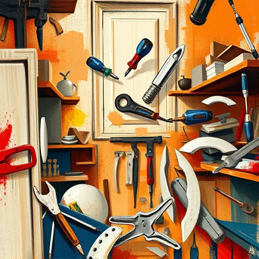 An abstract expressionist artwork depicting a busy workshop scene with cabinet technicians performing emergency repairs. The image features bold, dynamic brushstrokes capturing energy and urgency, with fragmented silhouettes of cabinet parts such as doors, drawers, and handles intertwined with swirling textures that suggest rapid motion. Abstract motifs of tools like screwdrivers and pliers are incorporated through gestural lines and layered metallic silver and blue splashes, contrasting against a warm background of earthy terracotta, burnt orange, and deep chocolate brown tones. Playful distortions depict tools and cabinet components floating and twisting in surreal ways, adding personality and chaotic charm. The workshop environment appears open with loosely rendered shelves and scattered parts, enhanced by energetic textures, paint drips, and splatters that evoke quick improvisation. Bright accents of yellow and electric blue symbolize sparks of inspiration amidst the disorder, emphasizing the spontaneous, resourceful nature of emergency cabinet repairs in an abstract, colorful universe.