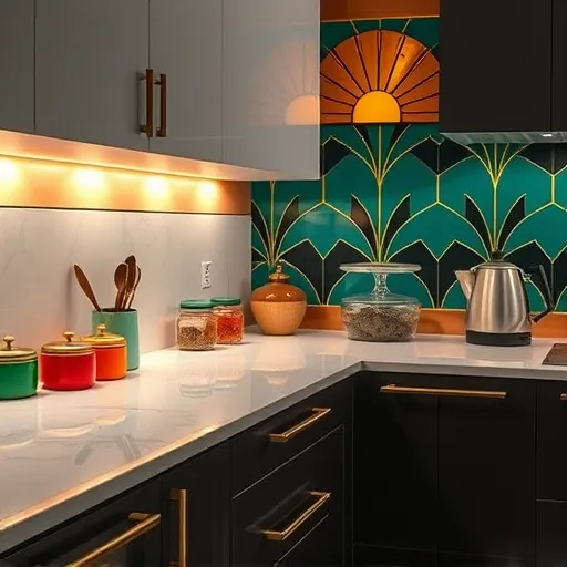 A stylish and elegant kitchen scene featuring under-cabinet lighting that subtly illuminates a pristine marble countertop decorated with colorful vintage-style kitchen utensils and glass jars filled with herbs and spices. Warm, golden light enhances the intricate geometric patterns in the Art Deco design, highlighting luxury and sophistication. The cabinetry displays bold, symmetrical lines with chrome accents, emphasizing the era's geometric forms. In the background, a rich teal and copper-toned geometric backsplash complements the warm lighting, creating a calm yet vibrant atmosphere. Art Deco motifs such as sunbursts, stylized fan shapes, and zigzag borders are thoughtfully integrated into the decor, adding visual interest. Whimsical details like a vintage teapot with an angular handle or a quirky clock with sunburst rays infuse personality and charm into the scene. The overall mood is refined yet inviting, characterized by a sophisticated palette of champagne gold, emerald green, soft black, and hints of coral. The composition emphasizes clean lines and stylized forms, capturing the timeless elegance and playful energy of a vintage-inspired culinary space.