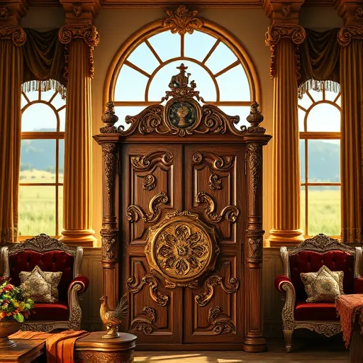 A luxurious Baroque-inspired scene featuring a richly carved wooden cabinet with ornate floral motifs, rococo embellishments, and gilded accents set within a rustic Texas farmhouse. The interior showcases elaborate draperies, plush velvet upholstery, and towering gilded columns, all highlighted by warm lighting that emphasizes the intricate textures. Quirky details include a tiny cowboy figurine atop the cabinet, a vintage pocket watch draped over its corner, and a porcelain rooster nestled among the carvings, adding playful Texas charm. In the background, large decorative Baroque-style windows reveal a lush Texas landscape, blending rural charm with opulent decor. The color palette features deep golds, warm browns, and touches of emerald green, creating an inviting atmosphere that marries Baroque grandeur with down-to-earth Texas elegance, perfect for highlighting top cabinet brands with artistic flair.