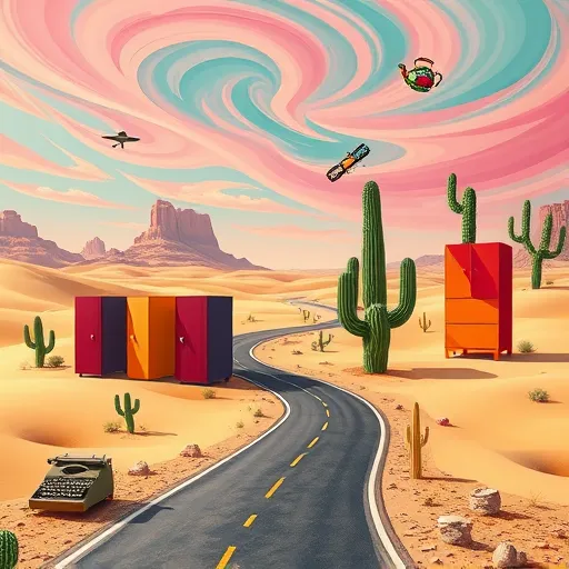 A surrealist scene of custom commercial cabinets in Happy, Texas, featuring whimsical, living structures emerging from a vibrant desert landscape. The cabinets have exaggerated, playful forms with doors resembling smiling faces, quirky handles as eyes, and drawers rippling like waves in a calm sea. The expansive desert landscape includes rolling dunes dotted with eccentric, fantastical cacti—one shaped like a colorful musical instrument or teapot. In the background, surreal, elongated buttes stretch into a sky painted with swirling pastel hues of pink, orange, and turquoise, evoking a dreamy sunset. Floating objects such as vintage typewriters, abstract geometric shapes, and miniature clouds drift lazily through the air, adding a quirky, imaginative atmosphere. The ground features sparkling mineral deposits and quirky rock formations resembling the textures of cabinet surfaces. A stylized, winding highway with exaggerated curves meanders through the scene toward the horizon. The artwork employs bold, contrasting colors and distorted proportions, blending natural desert elements with creative furniture forms in a dreamlike harmony, creating an energetic and playful visual ideal for a blog about custom commercial cabinets in a lively Texas setting.
