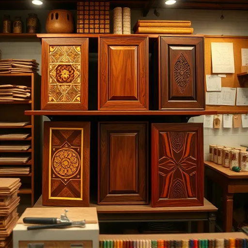 A hyperrealistic image of a vintage woodworking studio showcasing diverse decorative cabinet patterns. Elegant display shelves hold intricately crafted cabinet doors featuring geometric marquetry, ornate floral inlay, zigzag parquetry, and swirling burl veneers, highlighting craftsmanship in decorative wood finishes. Warm, inviting lighting emphasizes rich wood grains with golden highlights, creating a sense of artisanal pride and timeless elegance. Polished surfaces reflect depth and realism, while scattered woodworking tools and sample swatches add playful touches, hinting at the creative process. The background reveals a workshop environment with blurred stacks of fine wood planks, colorful pigment powders, and schematic sketches pinned to a corkboard, conveying a lively yet sophisticated atmosphere. The color palette includes deep mahogany, warm honey, burnt orange, and hints of emerald green, enhancing the luxurious, approachable mood. The balanced composition focuses on detailed cabinet patterns, capturing the artistry and variety of decorative wood finishes in hyperrealistic detail.