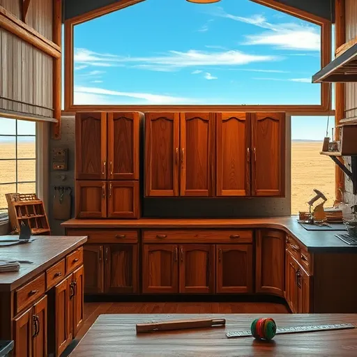 A hyperrealistic image showcasing custom cabinets in a Pampa, Texas workshop. The scene features expertly crafted cabinetry with detailed woodgrain patterns, vibrant handcrafted accents, and a mix of mahogany, oak, and cherry finishes. The workshop background includes tools and woodworking art, highlighting craftsmanship. A vintage-style ruler and a colorful spool of thread sit casually on a workbench, adding playful personality. Warm, soft lighting emphasizes the rich textures and colors, with a barn-style window revealing the arid Pampa plains, blue sky, and wispy clouds beyond. The overall setting conveys professional craftsmanship combined with approachable charm, capturing every fine detail to evoke trust and artistry in custom cabinet-making for the Pampa community.