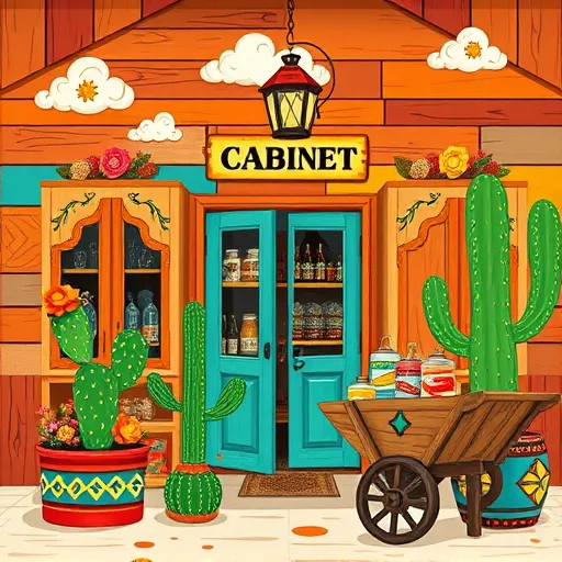 A vibrant FolkArt-style depiction of a high-quality cabinet showroom in Claude, Texas, featuring handcrafted wooden cabinets with whimsical, intricate patterns and lively geometric motifs. The oversized cabinets are decorated with playful details like swirling vines, tiny flowers, and colorful stylized designs, adding personality and charm. The scene includes a rustic Texas storefront with weathered wooden siding painted in warm earth tones such as terracotta, turquoise, and burnt orange. Bright flowering cactus plants in quirky patterned pots frame the entrance, enhancing the southwestern vibe. Hand-painted signage with cloud and sun motifs, along with playful accents like a star-shaped lantern and a rustic wheelbarrow filled with colorful paint cans, create a cozy, welcoming atmosphere. Rendered in a bold, flat FolkArt style with bright colors and simple shapes, the scene celebrates regional charm, artisanal craftsmanship, and the joyful spirit of folk art.