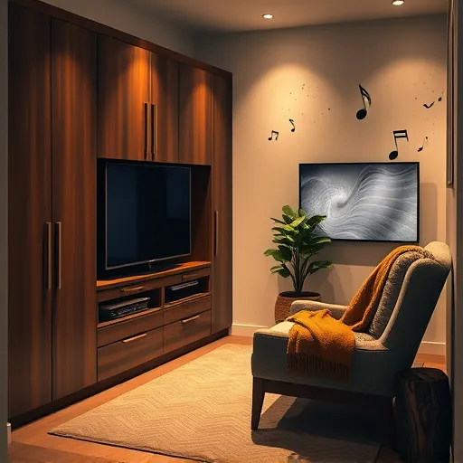 A cozy home entertainment corner featuring modern, soundproof cabinets made of dark, textured wood with subtle acoustic detailing and rounded, layered doors, some slightly open to reveal organized media and vintage vinyl records inside. Soft ambient lighting casts warm glows across the scene, enhancing the tranquil, sound-insulated atmosphere. In the background, a plush, vintage armchair draped with a cozy throw blanket sits next to a potted indoor plant, creating a welcoming vibe. A sleek television displays a faint reflection of abstract shapes resembling musical waves and sound vibrations in an impressionist art style with harmonious shades of deep navy, muted gold, ochre, and soft greens. Delicate musical notes drift around the scene, mingling with floating dust particles caught in the warm light, adding a whimsical touch that celebrates sound and privacy. The overall scene exudes calm, comfort, and a serene sanctuary for enjoying high-quality sound insulation in a lively home.