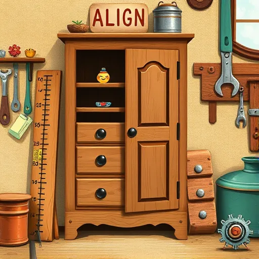A charming folk art-inspired scene featuring a vintage wooden cabinet with a slightly open door, revealing drawers and compartments inside. The cabinet, with whimsical imperfections like a crooked door and decorative floral carvings, is set in a cozy rustic workshop filled with hand-painted signs and playful tools. Nearby, a wooden ruler with a smiling face and a colorful, cheerful wrench with eyes add personality, while animated gears and hinges suggest adjustment and fixing. The background showcases a textured, earthy surface with soft hues of ochre, teal, and rustic red, enhanced by warm, inviting light. Tiny hand-lettered labels such as “Align,” “Level,” and “Adjust” adorn the tools, emphasizing DIY cabinet correction. The scene’s bold outlines, simplified forms, and naive art style evoke a friendly, approachable vibe, celebrating craftsmanship and playful ingenuity in a welcoming, handcrafted setting.