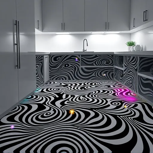 A vibrant op art-inspired scene depicting the integration of toe-kick lighting into a smart home system within a modern kitchen. The sleek, minimalist flooring features intricate black-and-white geometric patterns with swirling, hypnotic designs that create depth and movement. Hidden within the tessellations are playful details like tiny animated eyes and abstract faces formed by contrasting shapes, adding personality to the scene. Embedded subtle icons such as wireless signals, switches, and code snippets evoke technological connectivity. The toe-kick area is softly illuminated with shifting, colorful LED lights in electric blue, lime green, and neon pink, contrasting against the monochrome background and emphasizing futuristic sophistication. The background showcases simplified, floating geometric shapes representing a modern kitchen environment, blending seamlessly with the smart lighting concept. The high-contrast optical illusions enhance the sense of depth, while strategic bursts of vibrant color symbolize energy and connectivity in the smart home setup, combining hypnotic visuals with subtle technical hints for a stylish, innovative atmosphere.