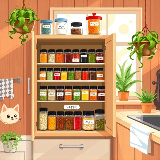 A vibrant, modern kitchen scene featuring a neatly organized open cabinet with a colorful spice rack. The rack displays glass jars and labeled spice containers arranged in tiers with a rainbow of hues, highlighting clever and accessible storage solutions. Some jars showcase tiny botanical illustrations and handwritten-style labels, adding whimsical detail. Nearby, a cheerful cartoon cat sits on the countertop, bringing personality to the scene. The background reveals a cozy kitchen with warm wooden textures, hanging plants, and sunlight streaming through a window, creating a welcoming atmosphere. Soft terracotta, fresh green, and gentle yellow tones evoke freshness and comfort. The digital art style uses smooth shading, detailed textures, and subtle highlights to enhance vibrancy and clarity, making this image ideal for inspiring creative and smart spice organization tips in a kitchen-friendly blog cover.