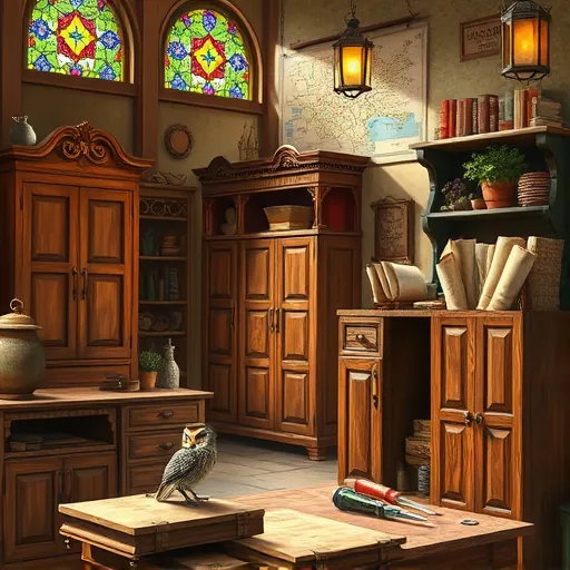 A detailed Renaissance-style painting depicting a charming cabinet workshop in Hereford, Texas. The scene features intricately carved wooden cabinets of various sizes, highlighting craftsmanship in affordable RTA (ready-to-assemble) furniture. Some cabinets are partially assembled, with ornate screwdrivers, chisels, and measuring tools resting on a rustic wooden table. Bright sunlight streams through stained glass windows with vibrant geometric patterns, casting colorful patterns across the workspace. A whimsical small owl perches atop a cabinet, peering at a carved carpenter’s guild emblem, adding playful charm. In the background, a softly illuminated map of Hereford hangs above shelves filled with woodworking books, vintage scrolls, and potted plants with lush greenery. The cozy, lively environment exudes artisanal warmth, enhanced by rich earthy tones—warm browns, deep ochres, and gentle greens—illuminated by soft candle-like lanterns. The scene, rendered in the meticulous, romantic style of Renaissance masters, emphasizes fine detail, balanced composition, and a harmonious interplay of light and shadow, embodying timeless craftsmanship and inviting viewers to explore the approachable, affordable appeal of DIY cabinetry in Hereford.