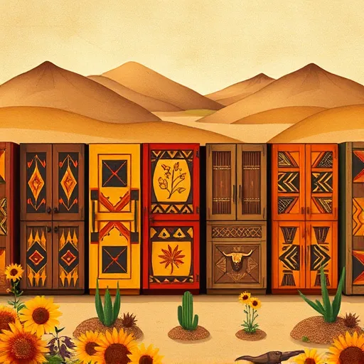 A vibrant scene showcasing affordable wooden cabinets in Amarillo, Texas, depicted in a traditional African art style. The intricately patterned cabinets feature bold geometric motifs inspired by African textiles and carvings, painted in warm ochres, terracottas, and deep browns. Arranged in a playful, slightly staggered formation, they evoke a lively marketplace or artisanal workshop. Surrounding the cabinets are whimsical illustrations of native Texan flora, including yellow wildflowers, sunflowers, and desert succulents, adding a cheerful and optimistic touch. The background depicts the open plains of Amarillo with textured patterns and layered earth tones, creating a warm, inviting atmosphere. Small decorative elements like stylized cowboy hats, longhorn cattle, and miniature handcrafted tools are subtly integrated, enhancing the scene's cultural richness. The overall composition emphasizes affordability and artistry, blending traditional African patterns and bold colors with the Texas landscape in a textured, stylized manner that celebrates creative, budget-friendly home solutions.