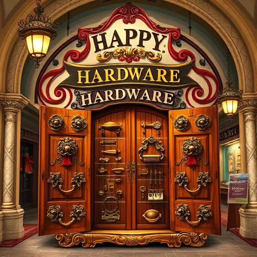 A whimsical, Baroque-inspired storefront scene depicting "Cabinet hardware stores in Happy, TX." The image features an ornate vintage wooden cabinet with intricate swirling floral carvings and gilded accents, open to reveal an array of shiny brass and antique iron handles, knobs, and hinges arranged like treasure. Surrounding the cabinet are playful, exaggerated bolts and screws with expressive faces, appearing to dance lively. In the background, a detailed Texas town square market setting includes stone arches framing the storefront, decorated with lush, Baroque-style draperies and swirling patterns. Elegant Rococo-inspired lighting fixtures cast warm, golden glows, highlighting the metal hardware. Ornate banners with Texas wildflower motifs flutter above, blending rustic charm with grandeur. A tiny wrought iron sign reading "Happy Hardware" hangs in a whimsical cursive, and a small cowboy hat rests atop a handle, adding playful touches. The color palette emphasizes rich golds, warm browns, deep reds, with hints of turquoise and teal, creating a vibrant, nostalgic Texas atmosphere full of charm, artistic elegance, and lively personality—perfect as an inviting blog cover celebrating small-town hardware stores with whimsical artistry.