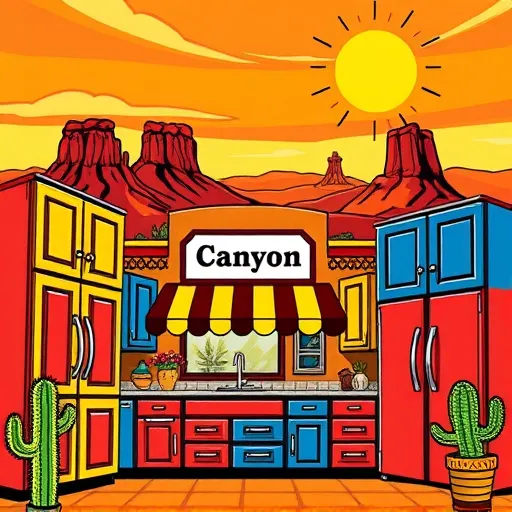 A vibrant PopArt-style illustration of a top cabinet store in Canyon, Texas, featuring bold, exaggerated cabinets in bright reds, yellows, and blues with thick black outlines and pop art dot shading. The scene includes whimsically designed cabinet handles resembling cartoon animals, such as a smiling cactus and a playful lizard. The background depicts Canyon's rustic desert landscape with flat-topped mesas, stylized sun with exaggerated rays, and abstract floral motifs and geometric patterns inspired by local flora. The store's minimal signage has exaggerated lettering beneath a quirky vintage awning. The overall composition exudes an energetic, inviting atmosphere that highlights the warm charm of Canyon, Texas, blending bold graphic style with playful Americana elements.