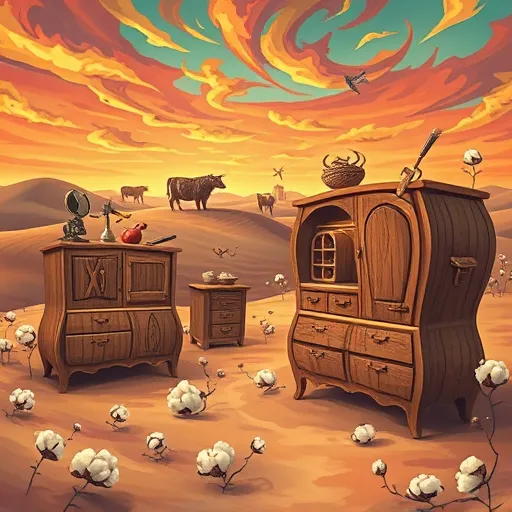 A whimsical, surreal landscape featuring a bustling cabinet workshop set within a dreamlike Pampa, Texas scene. In the foreground, intricately designed, organic-looking cabinets with exaggerated, flowing curves, vibrant textures, and playful details like oversized eye-shaped knobs, swirling wind patterns, and spindly legs appear as giant, fantastical flora. The environment blends rustic Texas charm with surreal elements: rolling dunes transformed into undulating wooden planks, cotton plants resembling floating clouds, and distant silhouettes of abstract cattle created from swirling paint streaks. The vibrant sunset sky displays deep oranges, purples, and teals, casting a warm glow over the scene. Hovering around the cabinets are floating tools—saw blades, paintbrushes, and measuring tapes—enhancing the magical craftsmanship vibe. Tiny, levitating screws dance in the air, while a playful, cartoonish wind carries wisps of sawdust, adding movement and enchantment. The composition highlights imaginative craftsmanship and affordable quality, with surrealist whimsy making the scene inviting and fantastical—perfect for showcasing creative, budget-friendly cabinet makers in Pampa, Texas.