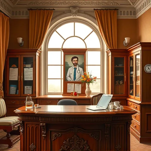 A highly detailed High Renaissance-style painting of a quaint medical office in Dumas, Texas, featuring a polished wooden reception desk with ornate carvings set against warm earthy tones of ochre, sienna, and gold. Behind the desk, an arched window filters soft sunlight onto vintage medical cabinets with brass handles, adorned with playful plaques depicting smiling cacti and sunsets. The background includes decorated walls with medical charts and a rustic portrait of a friendly, mustached doctor with a kind expression. Local touches, such as a crocheted cactus on a cabinet and a tiny cowboy figurine in a drawer, add regional charm. Elegant drapery and intricate ceiling moldings frame the scene, blending classical majesty with regional quirks to create a warm, trustworthy, and inviting atmosphere celebrating Dumas's medical heritage.