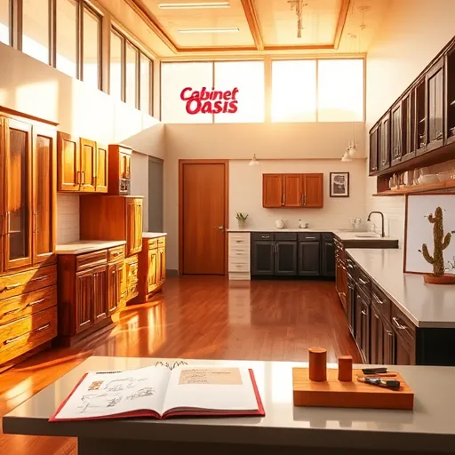 A realistic depiction of a high-end cabinet showroom in Vega, Texas, featuring a spacious, sunlit interior with large windows flooding the room with warm afternoon light. The showroom displays a variety of beautifully crafted cabinets, ranging from rustic distressed wood finishes to modern minimalist designs with smooth, matte surfaces, arranged neatly on polished hardwood floors that reflect the inviting glow. Bright color accents in turquoise, burnt orange, and deep brown add lively regional Texas charm to the contemporary displays. Visible through the window is a vintage neon sign reading "Cabinet Oasis," along with a notepad with colorful sketches of cabinet styles resting on a sleek countertop. The background showcases a display wall with framed images of custom cabinetry inspired by Vega’s desert landscape, including cactus silhouettes, rolling plains, and distant buttes, connecting the space to local scenery. An artisan’s corner features miniature wooden cabinet models and artisanal tools, emphasizing craftsmanship. The overall scene combines professionalism with approachability, capturing textures like wood grain and glossy finishes, and uses warm earthy tones to evoke a cozy yet sophisticated atmosphere ideal for highlighting quality cabinetry, regional inspiration, and creative design.