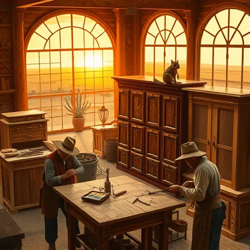 A richly detailed scene in high Renaissance style depicting cabinet-making artisans near Amarillo, Texas. The workshop features warm earthy tones like deep browns, golden ochres, and sunrise orange. Skilled artisans, dressed in period attire, work on finely crafted wooden cabinets—some partially assembled, others decorated with ornate carvings of local Texas flora such as yucca plants and prickly pear cacti. One artisan chisels carefully, while another examines a cabinet door with a Renaissance-style magnifying glass. Quirky details include a small pocket watch resting atop a cabinet and a playful squirrel wearing a tiny carpenter’s apron and holding a miniature hammer, sitting on a beam. Large arched windows flood the scene with soft golden daylight, illuminating the rich wood grains and enhancing the scene's inviting atmosphere. Outside, rolling plains and a Texas sunset illustrate the rural setting. The composition exudes classical grandeur and intricate craftsmanship, celebrating the artistry and local flavor of cabinet making near Amarillo in an elegant, timeless style.