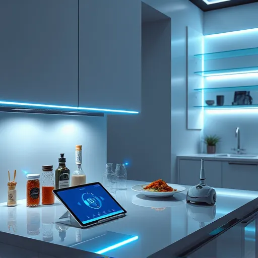 A modern, futuristic kitchen scene featuring streamlined cabinetry with integrated motion-sensor lights emitting pulsating blue and white glows. Holographic icons float around the sleek lights, indicating motion detection and voice control features. The glossy countertop displays transparent spice jars, a smart tablet with an interactive interface, and a prepared dish, emphasizing a high-tech, hands-free lifestyle. Playful laser-like beams dance when approaching, alongside a small robot vacuum in the corner, adding personality. The background includes transparent floating shelves with customizable ambient teal and silver lighting, creating an elegant, innovative atmosphere. The scene showcases sharp geometric shapes, bold lines, and dynamic motion, using cool tones accented with luminous blue and white to convey a sleek, futuristic aesthetic of efficiency and modern convenience.