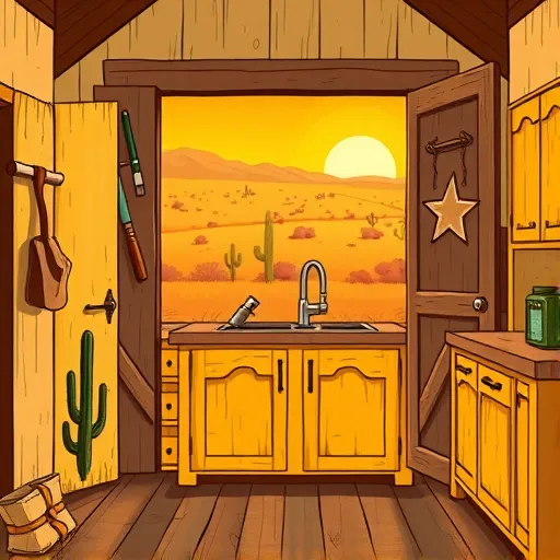 A vibrant, expressive ArtBrut-style illustration of a rustic kitchen scene centered on handmade Shaker cabinets for sale in Bushland, Texas. The cabinets are painted in warm earthy tones—muted yellows, deep browns, and soft greens—and feature bold, raw lines with textured brushstrokes that highlight their simple, handcrafted design. Exaggerated knots and imperfections in the wood add personality, while playful icons of tools like a hammer and paintbrush hover nearby, emphasizing a DIY appeal. In the background, a vast Texas landscape with rolling plains, cacti, and a setting sun bathes the scene in warm amber light, evoking a nostalgic, southern atmosphere. Regional charm is accentuated by a large Texas star on a barn wall or a cowboy hat resting on a cabinet corner. The slightly exaggerated perspective and bold, contrasting colors embody the raw, lively spirit of ArtBrut, conveying warmth, craftsmanship, and southern hospitality associated with Shaker cabinets in Bushland, Texas.