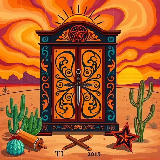 A vibrant Mexican Muralism-style scene illustrating top-rated cabinet makers in Amarillo, Texas, highlighting craftsmanship and community pride. The composition features an oversized, intricately designed wooden cabinet with swirling decorative patterns inspired by traditional Mexican mural motifs, rendered in bold outlines and saturated colors such as deep blues, warm ochres, fiery reds, and lush greens. Flanking the cabinet are symbolic representations of artisans: stylized hands carving wood, a crossed compass and chisel symbolizing craftsmanship, and a rolling pin transforming into decorative flourishes, blending functional tools with artistic motifs. The background depicts a stylized desert landscape with iconic Amarillo elements including a radiant sun, stylized cacti, and a distant horizon, set against a sky with swirling sunset hues of orange, purple, and pink. Quirky details include flourishes resembling Native American patterns sprouting from the cabinet, tiny wood shavings shaped like Texas stars, and subtle symbols of quality such as ribbons around tools and decorative knots. The scene exudes a proud, energetic atmosphere characteristic of Mexican mural art, emphasizing craftsmanship rooted in community and tradition, with bold contrasts and vivid colors that evoke top-tier quality and cultural richness in Amarillo’s cabinet-making scene.