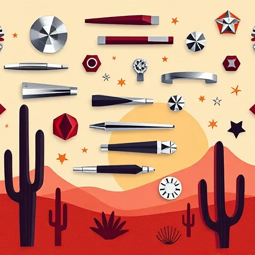 A vibrant, abstract illustration of Texas-inspired cabinet hardware in a geometric abstraction style. The image features sleek, angular shapes representing cabinet pulls, knobs, and hardware elements arranged in a dynamic, overlapping pattern that conveys movement and complexity. Stylized with clean lines and sharp facets, these geometric forms are accented with subtle shadows and highlights, adding depth and dimension. The background depicts a minimal desert landscape silhouette with stylized cacti and mesas in muted earthy tones, set against a soft sunset gradient of warm oranges, reds, and lavenders to evoke Texas’s inviting atmosphere. Playful details include clusters of tiny, metallic-looking shapes suggesting shimmering embellishments or hidden treasures. Subtle icons of Texas motifs—such as a cowboy hat, a lone star, and a tumbleweed—are integrated into the pattern, enhancing the design’s personality. This lively yet polished composition highlights bold geometric forms, vibrant color contrasts, and a harmonious balance, capturing the spirit of Texas hardware with a modern, artistic twist suitable for a creative blog cover.